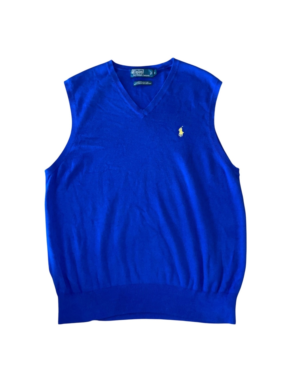Polo Ralph Lauren Sweater Vest Men's L Blue Pima Cotton Yellow V-Neck Pullover